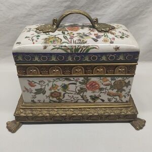 Antique 1895 Wong Lee Porcelain Trinket Jewelry Keepsake Box Brass Claw Feet